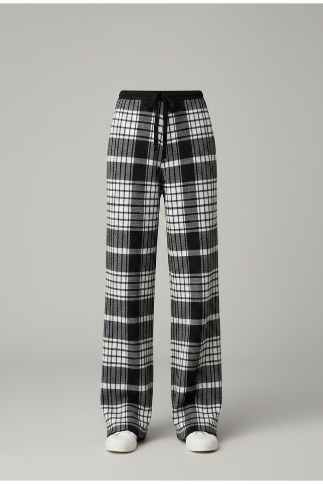 Pantalon Fluide Carreaux Noir Blanc Laine Ample - Imprimé - vue 3