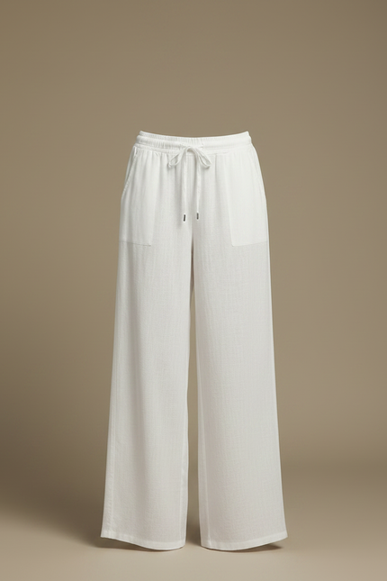 Pantalon Fluide Blanc Ample Lin Cordon Décontracté - vue 3