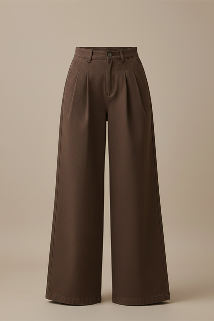 Pantalon Fluide Marron Plissé Ample Taille Haute Femme - Gabardine - vue 3