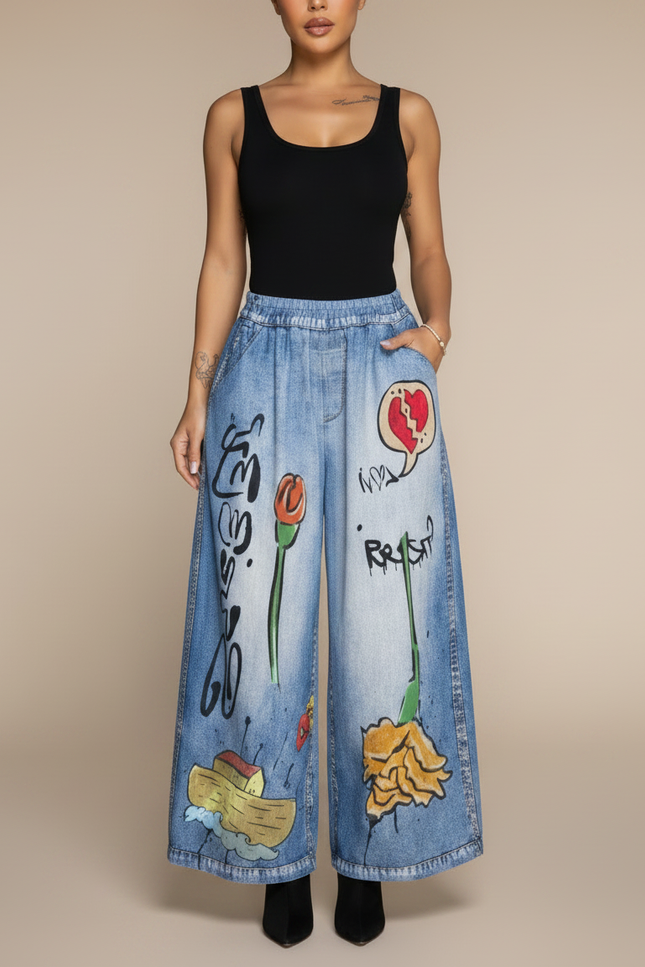 Pantalon Fluide Denim Imprimé Graffiti Ample Décontracté - Bleu Jean - vue 3