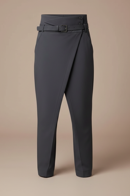 Pantalon Fluide Asymétrique Ceinturé Taille Haute Élégant Garçon - Gris Polyester - vue 3