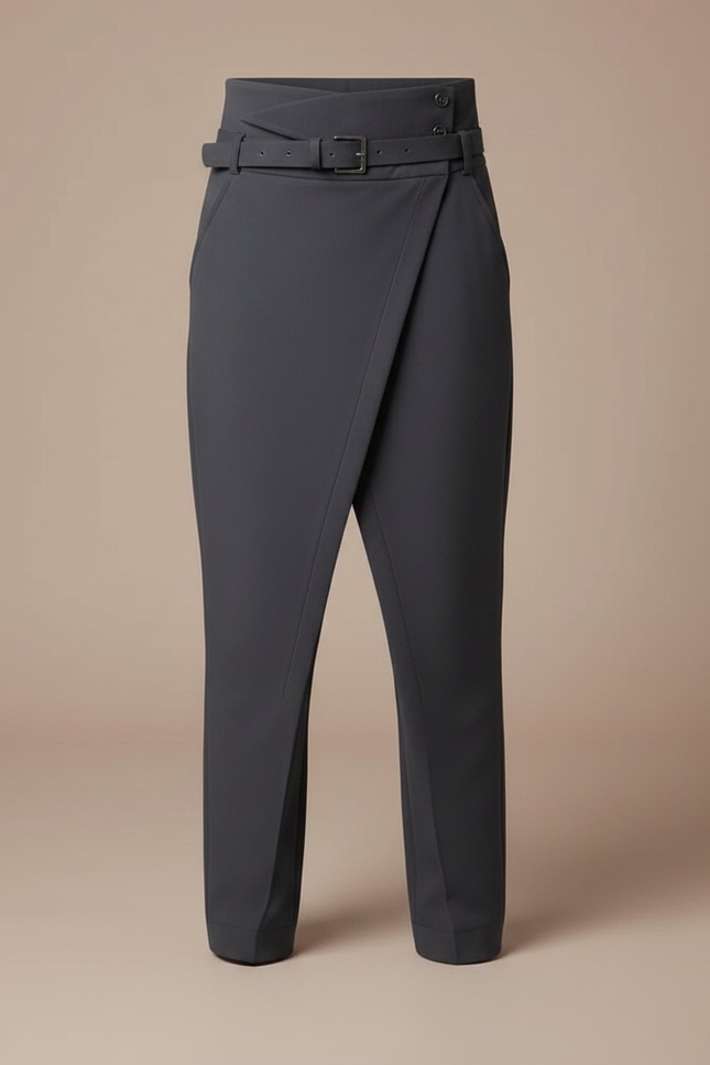 Pantalon Fluide Asymétrique Ceinturé Taille Haute Élégant Garçon - Gris Polyester - vue 3