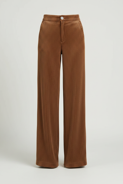Pantalon Fluide Marron Côtelé Ample Taille Haute Élégant - Cordé - vue 3