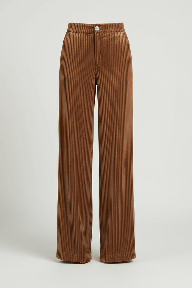 Pantalon Fluide Marron Côtelé Ample Taille Haute Élégant - Cordé - vue 3