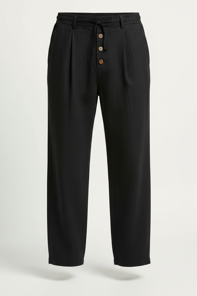 Pantalon Fluide Noir Coton Lin Ample Boutons Décontracté Homme - vue 3