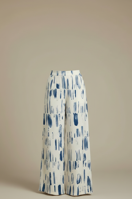 Pantalon Fluide Imprimé Pinceau Ample Décontracté Blanc Bleu - Viscose - vue 3