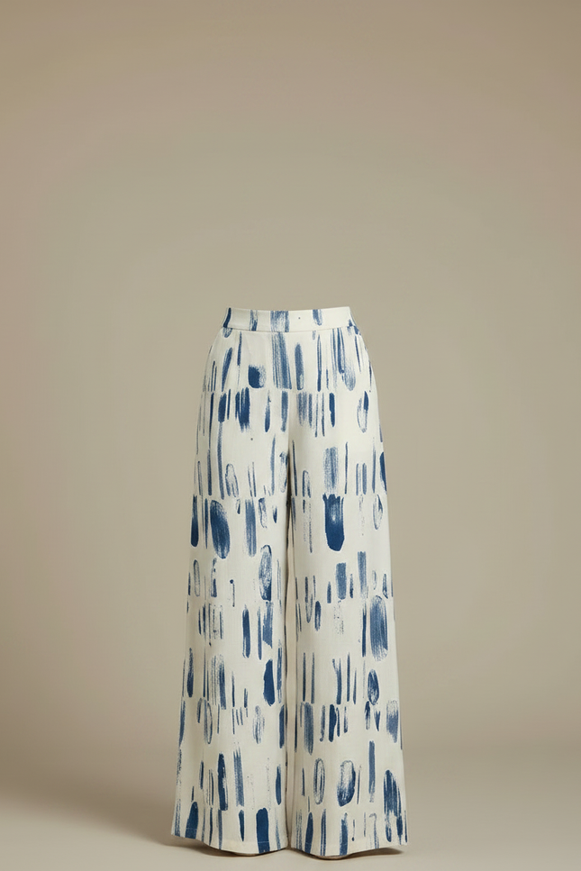 Pantalon Fluide Imprimé Pinceau Ample Décontracté Blanc Bleu - Viscose - vue 3