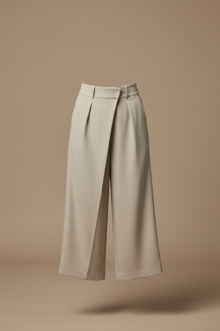 Pantalon Fluide Beige Large Élégant Croisé Femme - Gabardine - vue 3