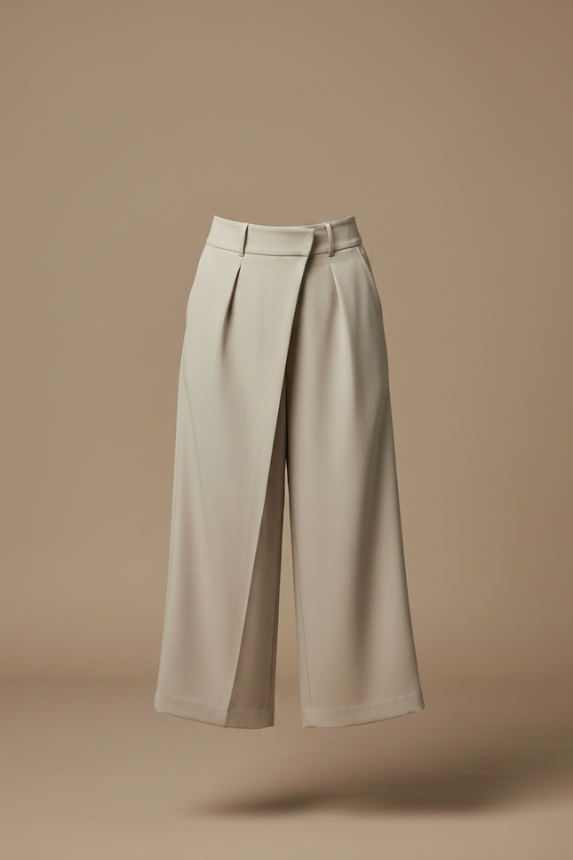 Pantalon Fluide Beige Large Élégant Croisé Femme - Gabardine - vue 3