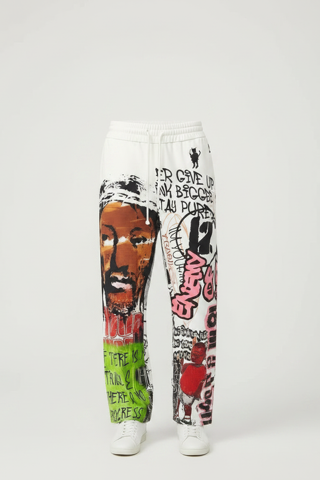 Pantalon Fluide Blanc Imprimé Graffiti Ample Décontracté Homme - Molleton - vue 3
