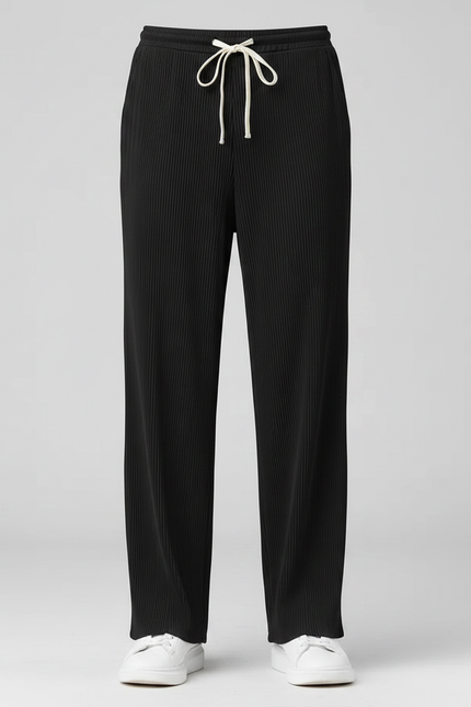Pantalon Fluide Noir Plissé Droit Cordon Homme - Polyester - vue 3