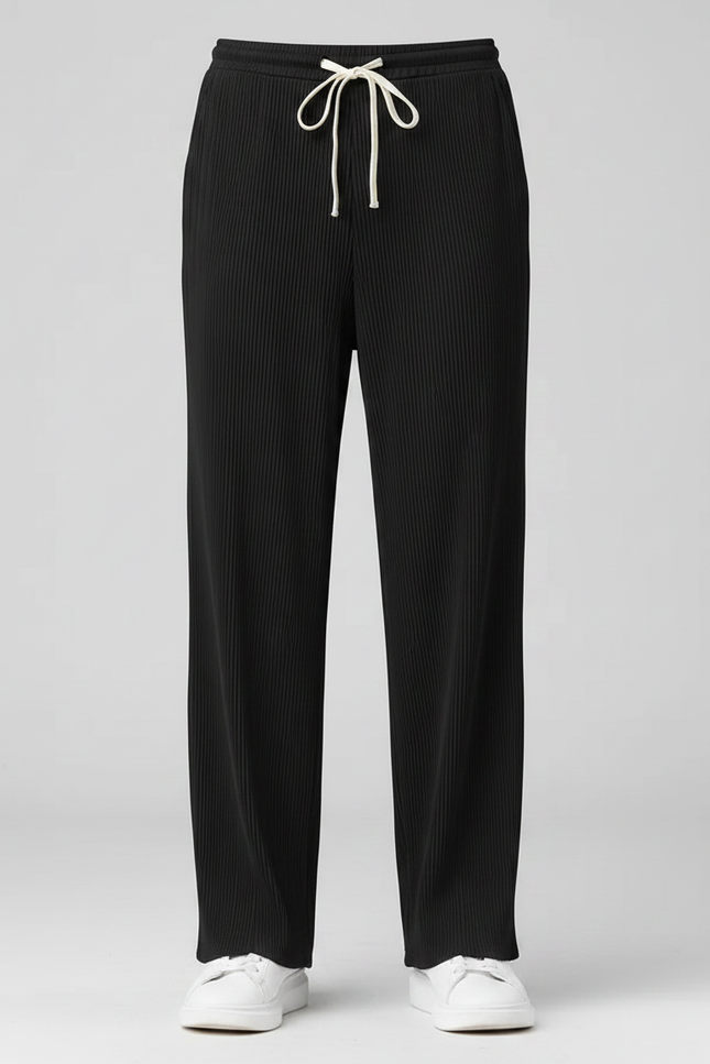 Pantalon Fluide Noir Plissé Droit Cordon Homme - Polyester - vue 3