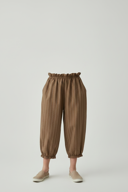 Pantalon Fluide Marron Rayé Ample Coton Enfant - Lin - vue 3
