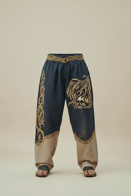 Pantalon Fluide Bicolore Ample Brodé Viking Homme - Marine Lin - vue 3