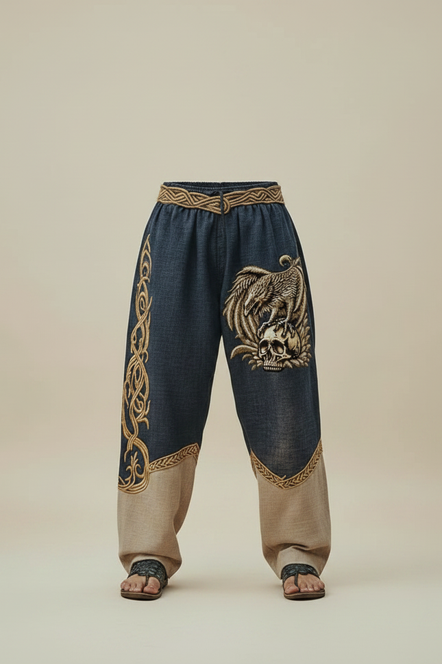 Pantalon Fluide Bicolore Ample Brodé Viking Homme - Marine Lin - vue 3