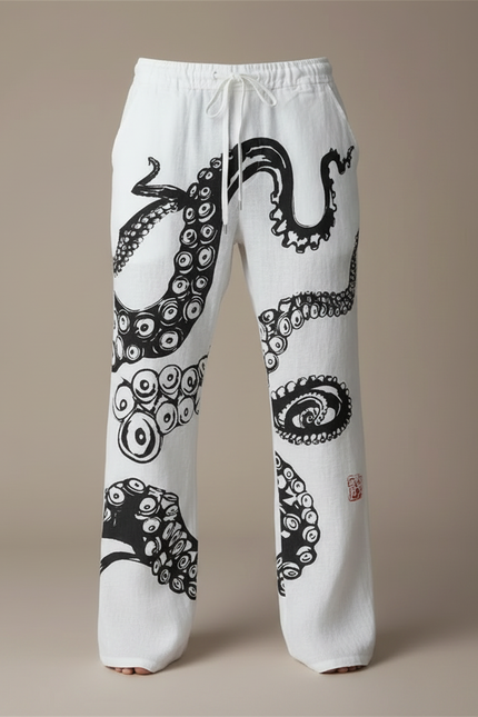 Pantalon Fluide Blanc Ample Imprimé Poulpe Décontracté Homme - Lin - vue 3