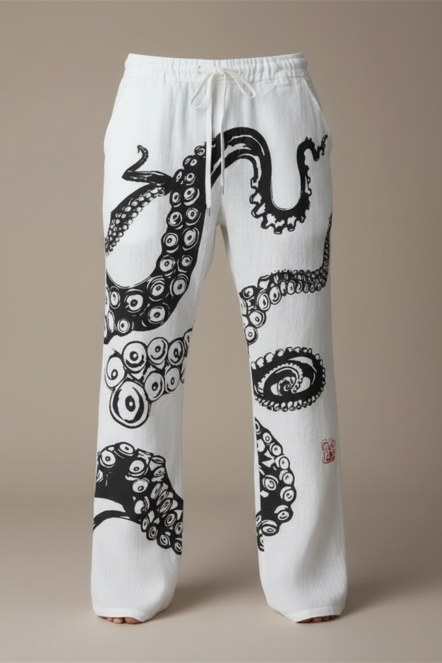 Pantalon Fluide Blanc Ample Imprimé Poulpe Décontracté Homme - Lin - vue 3