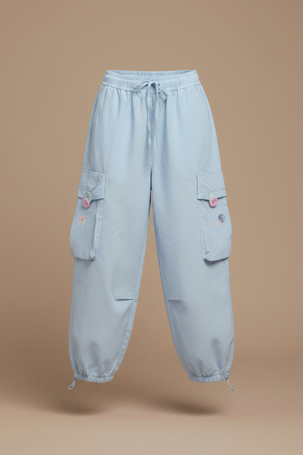 Pantalon Fluide Cargo Coton Bleu Brodé Ample Fille - vue 3