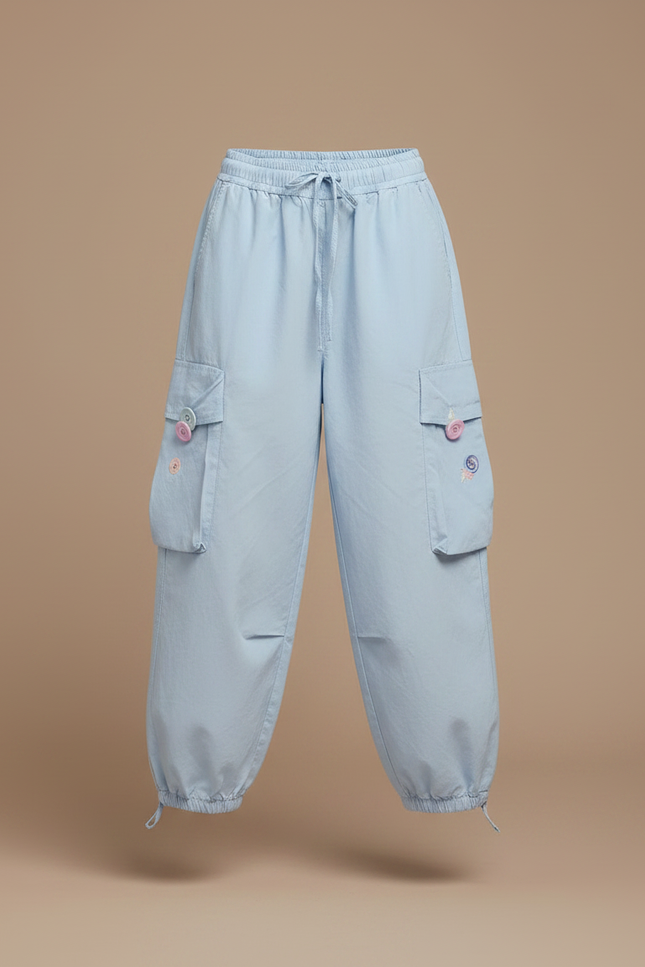 Pantalon Fluide Cargo Coton Bleu Brodé Ample Fille - vue 3