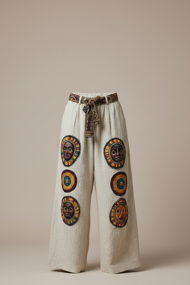 Pantalon Fluide Écru Ample Tribal Masques Ethniques Homme - Beige Lin - vue 3