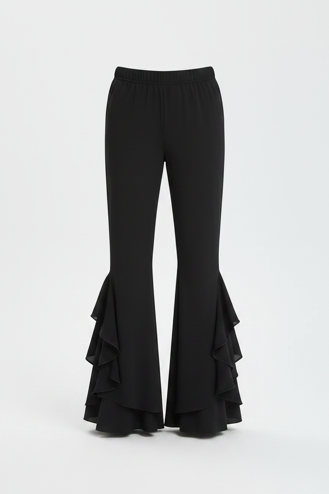 Pantalon Fluide Noir Évasé Volants Chiffon Élégant - Polyester - vue 3