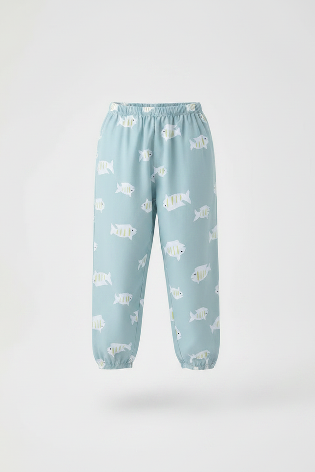 Pantalon Fluide Enfant Coton Bleu Poissons Ample - vue 3