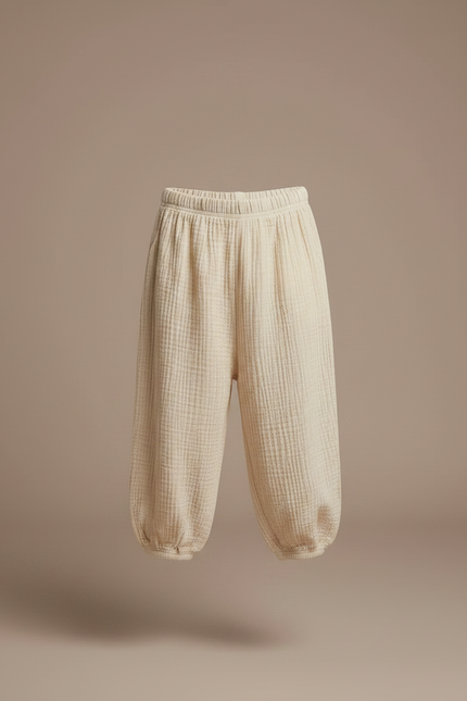 Pantalon Fluide Écru Ample Coton Gaufré Enfant - Beige - vue 3