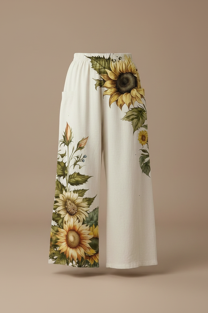 Pantalon Fluide Écru Ample Imprimé Tournesols Botanique Fille - Beige Lin - vue 3