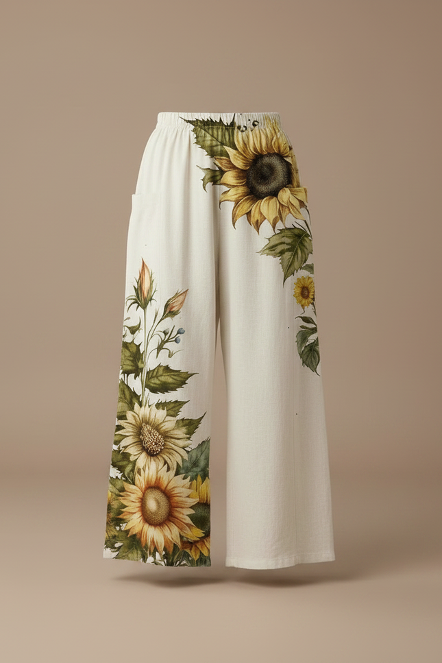 Pantalon Fluide Écru Ample Imprimé Tournesols Botanique Fille - Beige Lin - vue 3