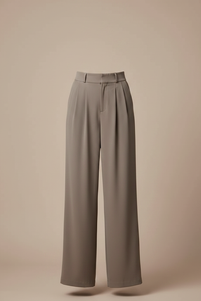 Pantalon Fluide Gris Ample Plissé Élégant Taille Haute - Kaki Polyester - vue 3