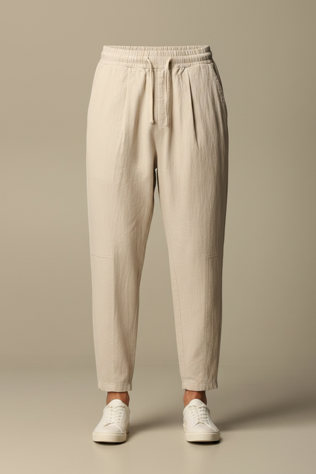 Pantalon Fluide Beige Coton Ample Décontracté Homme Cordon - vue 3