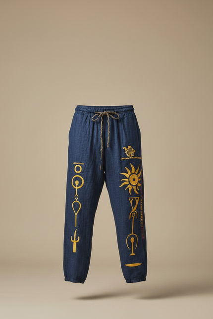 Pantalon Fluide Bleu Marine Ample Motifs Ethniques Jaunes Cordon - Lin - vue 3