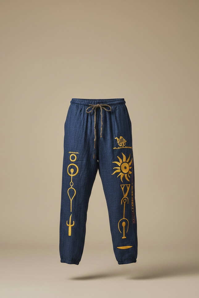 Pantalon Fluide Bleu Marine Ample Motifs Ethniques Jaunes Cordon - Lin - vue 3
