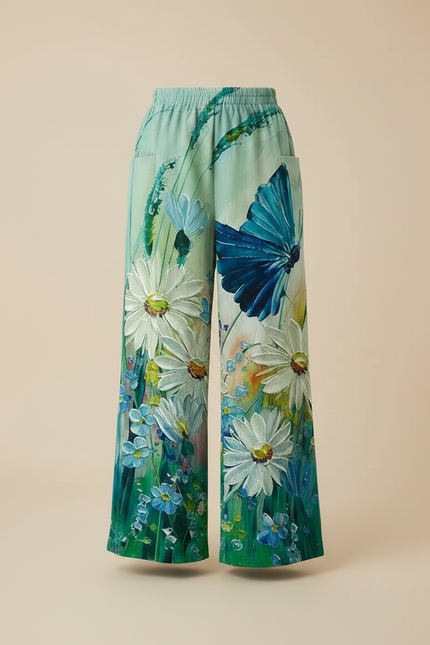 Pantalon Fluide Imprimé Floral Papillon Vert Ample - Viscose - vue 3