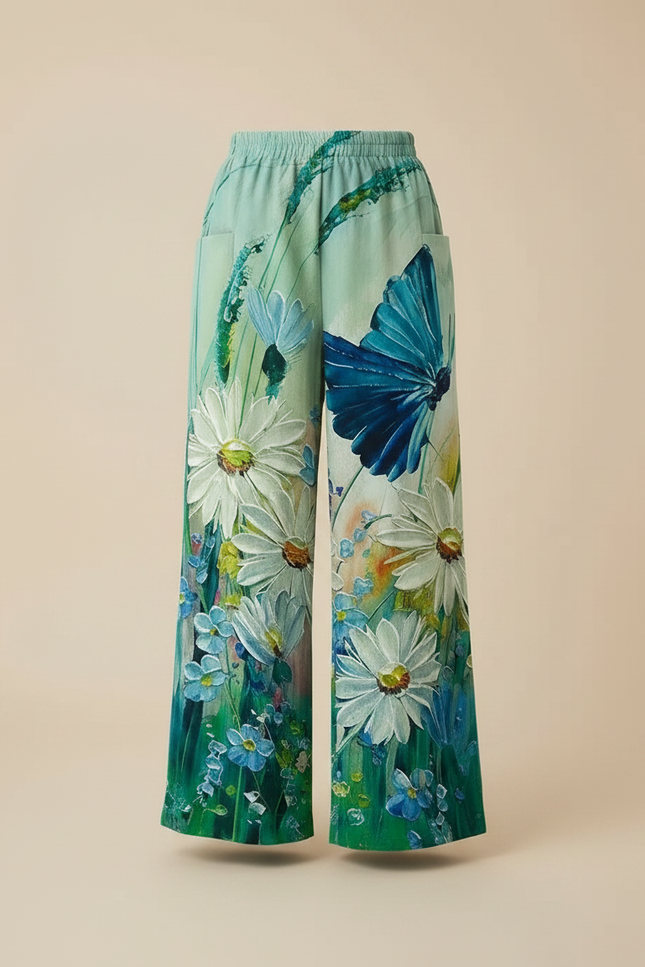 Pantalon Fluide Imprimé Floral Papillon Vert Ample - Viscose - vue 3