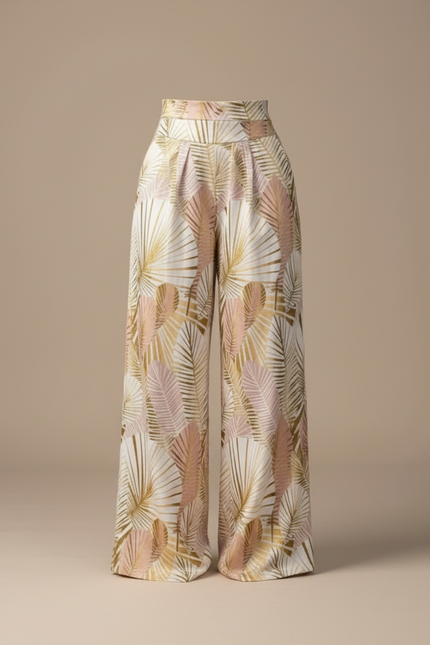 Pantalon Fluide Imprimé Palmiers Dorés Rose Ample Élégant - Viscose - vue 3