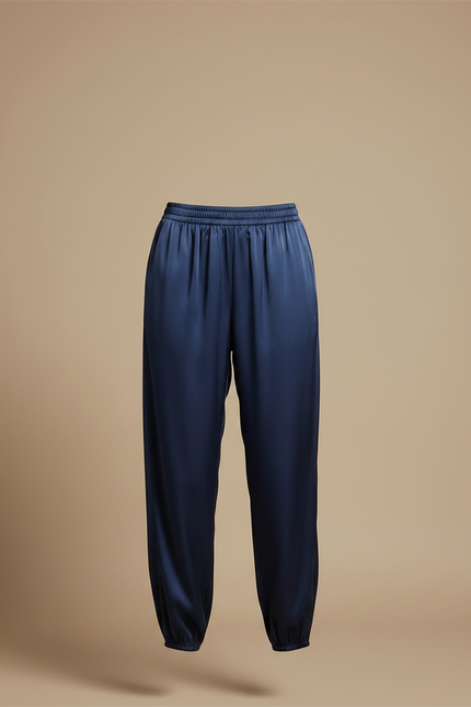 Pantalon Fluide Satiné Bleu Marine Ample Décontracté - vue 3