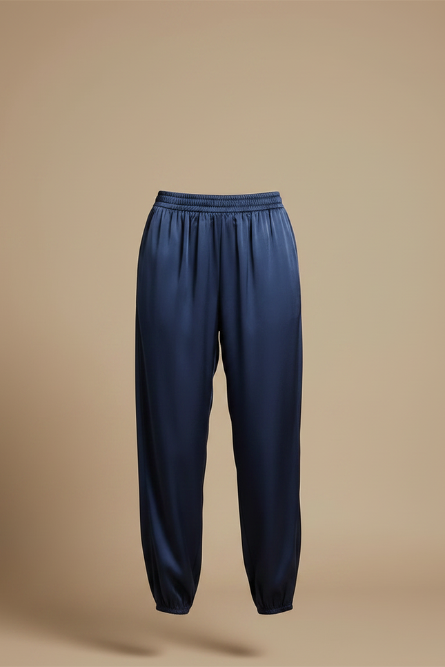 Pantalon Fluide Satiné Bleu Marine Ample Décontracté - vue 3