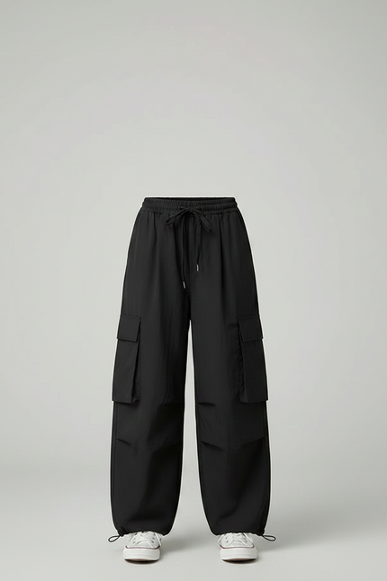 Pantalon Fluide Noir Ample Cargo Cordon Fille - Polyester - vue 3