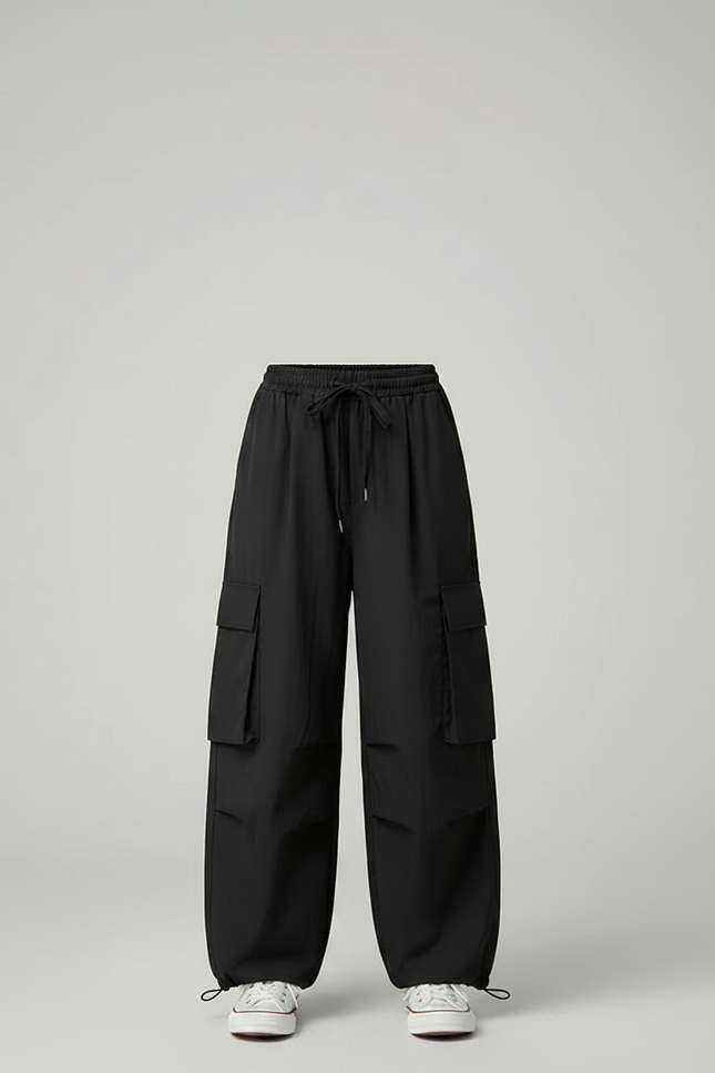 Pantalon Fluide Noir Ample Cargo Cordon Fille - Polyester - vue 3