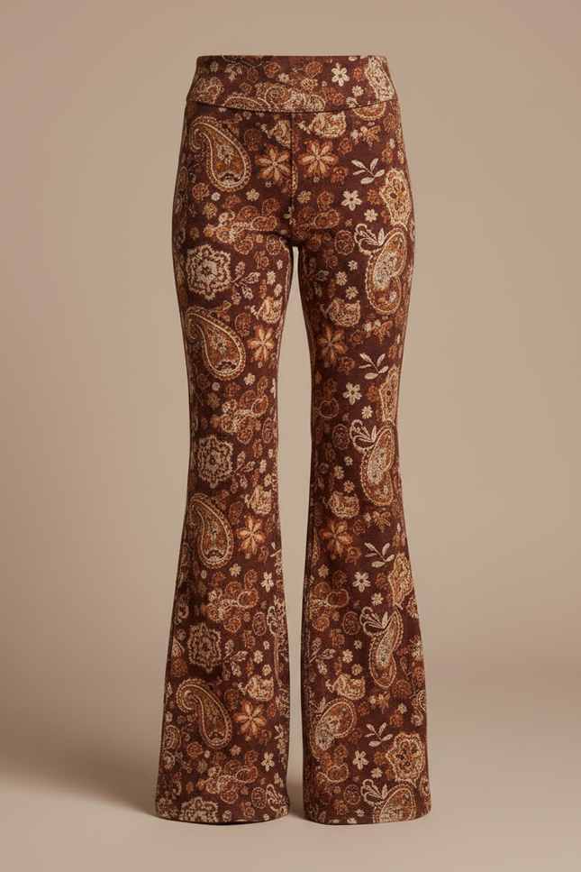 Pantalon Fluide Évasé Marron Imprimé Floral Confortable - Velours - vue 3