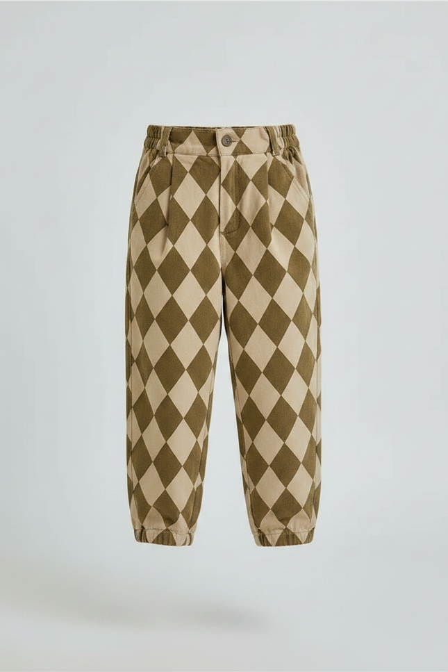 Pantalon Fluide Écru Carreaux Losanges Ample Coton Garçon - Imprimé - vue 3