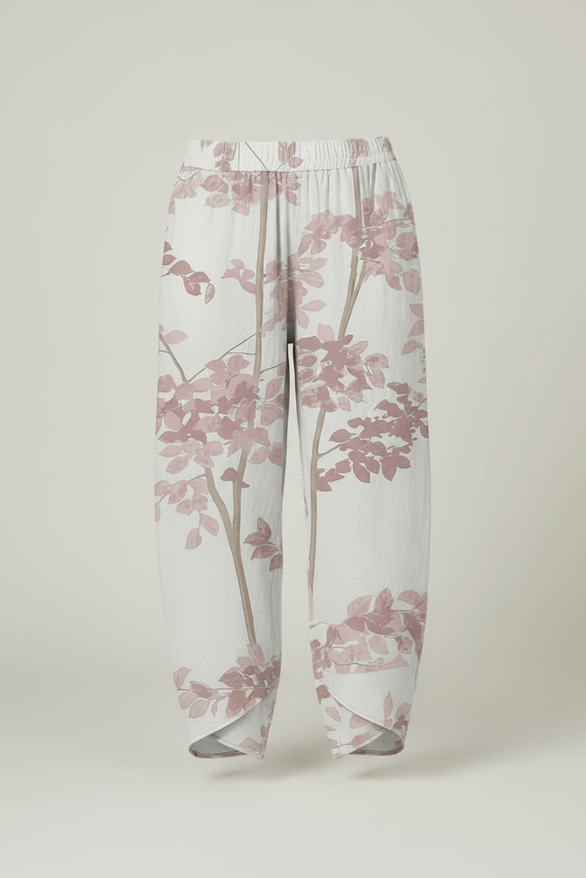 Pantalon Fluide Écru Ample Imprimé Floral Rose - Beige Lin - vue 3