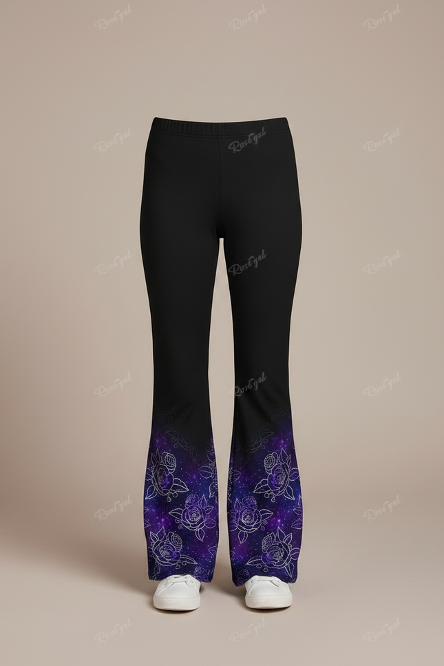 Pantalon Fluide Noir Évasé Imprimé Fleuri Galaxie Fille - Polyester - vue 3