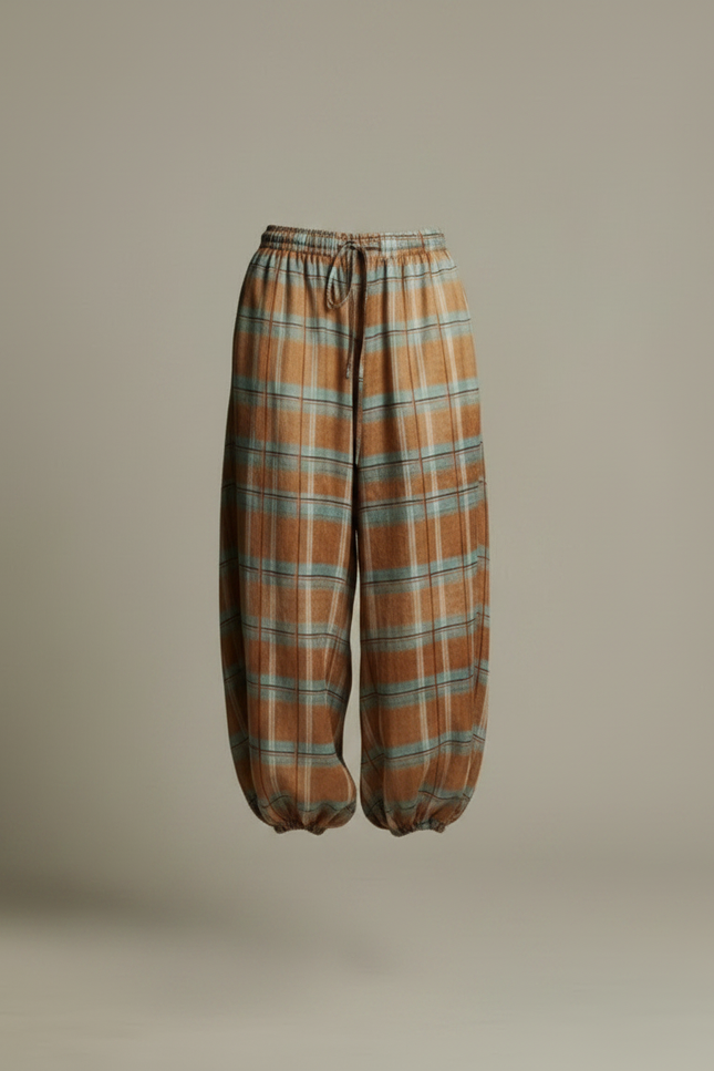 Pantalon Fluide Plaid Marron Bleu Ample Bohème - Viscose - vue 3