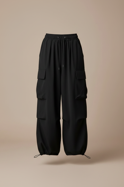 Pantalon Fluide Noir Ample Cargo Taille Haute - Polyester - vue 3