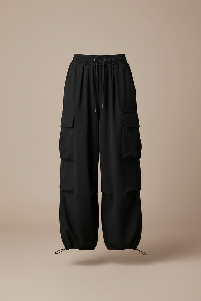 Pantalon Fluide Noir Ample Cargo Taille Haute - Polyester - vue 3