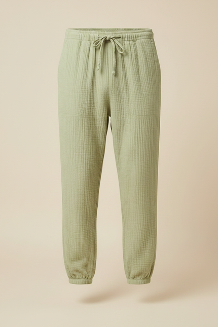 Pantalon Fluide Vert Coton Gaufré Décontracté Homme - vue 3