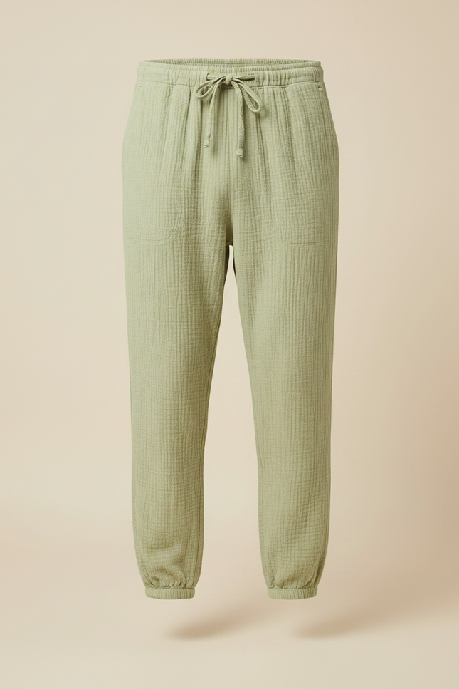 Pantalon Fluide Vert Coton Gaufré Décontracté Homme - vue 3