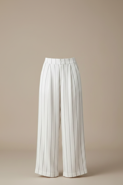 Pantalon Fluide Blanc Rayé Ample Lin Décontracté Femme - vue 3
